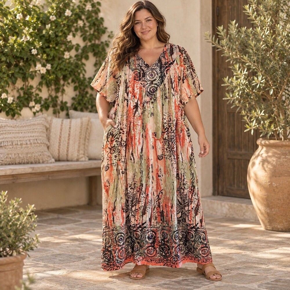 Loungees Women’s 2X Multicolor Abstract V-Neck Dress Kimono Sleeve Caftan Maxi
